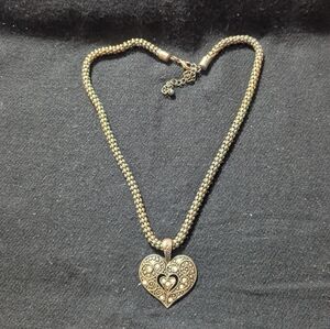 Gold Brass Tone Clear Rhinestone Heart Pendant Statement Necklace